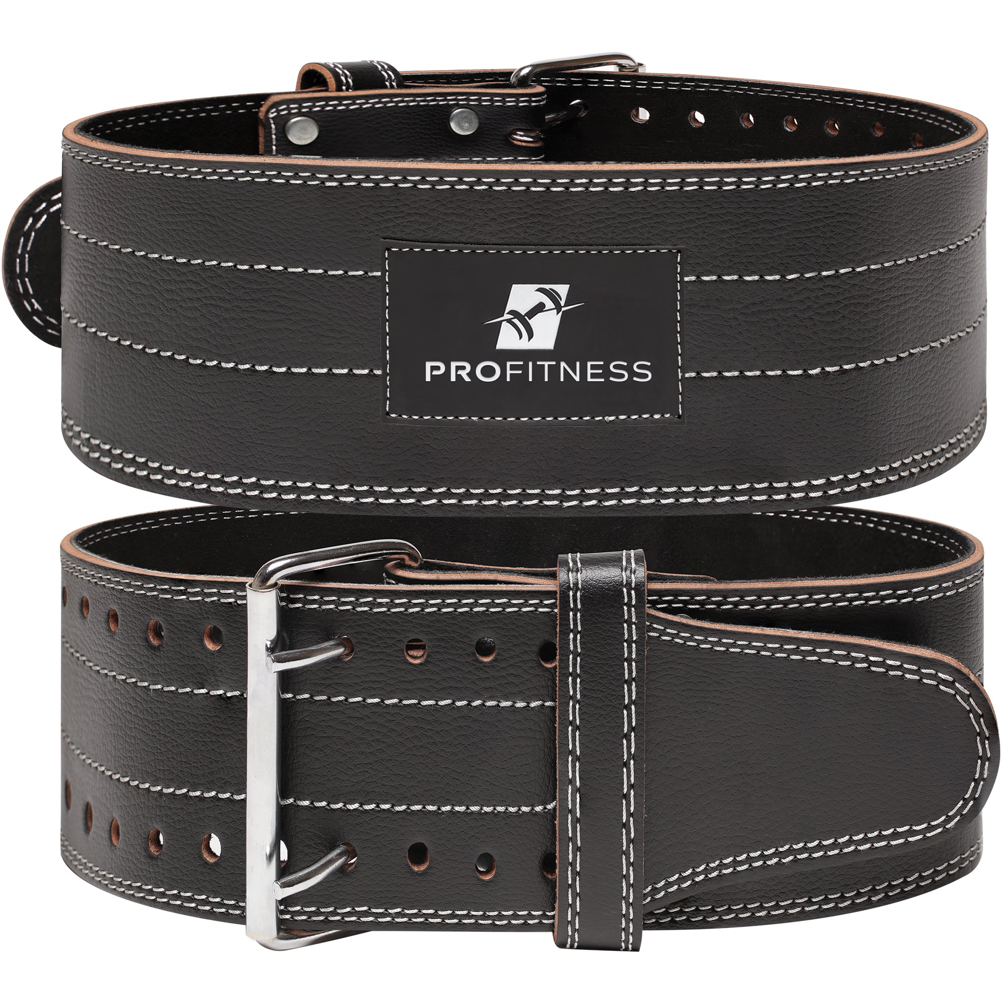Black leather weightlifting belt with 'PROfitness' logo in front.